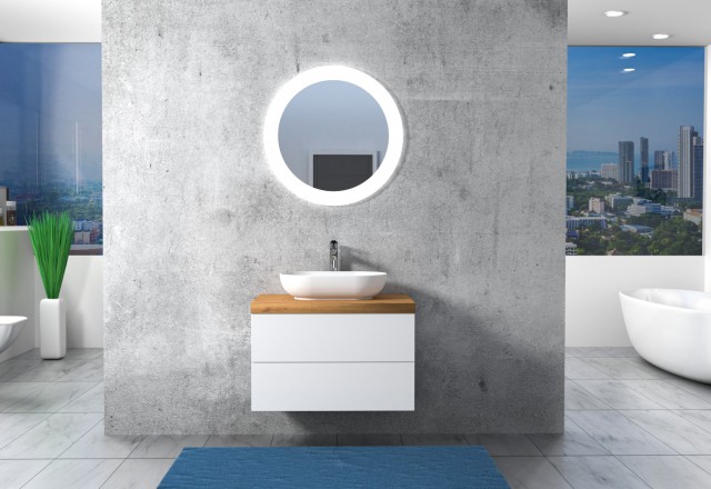 Kopalniški blok s ploščo, nadpultnim umivalnikom in okroglim ogledalom